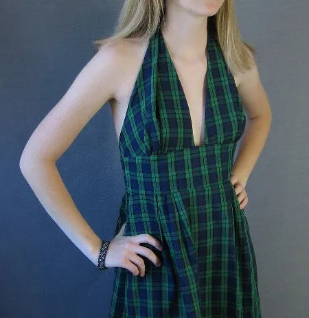 70s Vintage Halter Neck Maxi Sun Dress Preppy Ruffled Tartan Plaid Boho VFG