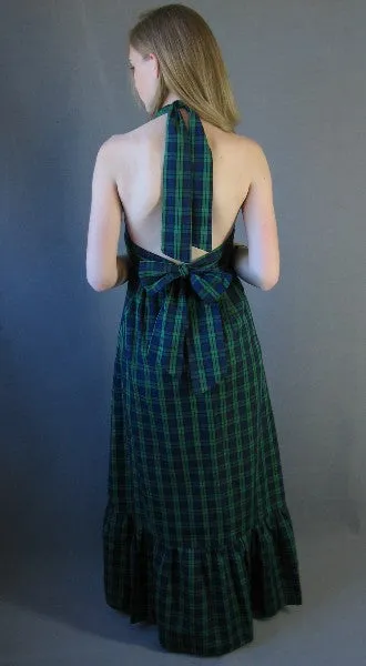 70s Vintage Halter Neck Maxi Sun Dress Preppy Ruffled Tartan Plaid Boho VFG