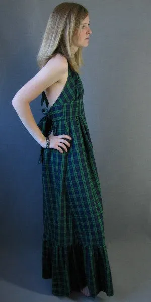 70s Vintage Halter Neck Maxi Sun Dress Preppy Ruffled Tartan Plaid Boho VFG