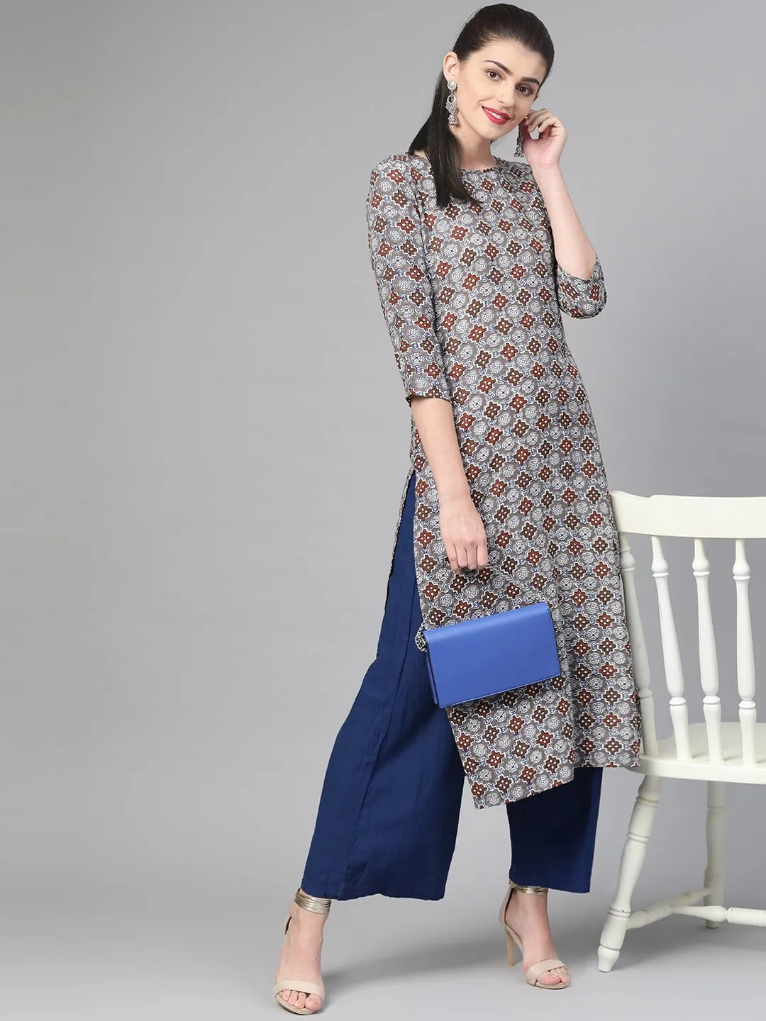 Adults-Women Grey & Maroon Cotton Straight Geometric Printed Kurta