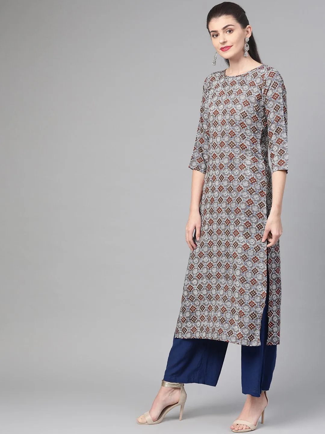 Adults-Women Grey & Maroon Cotton Straight Geometric Printed Kurta