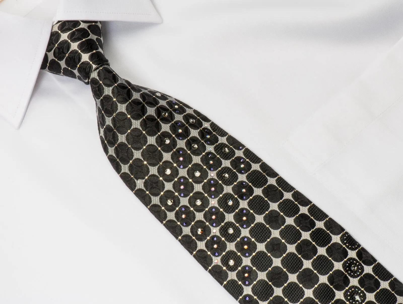 Aquascutum Men's Crystal Rhinestone Tie Silver & Black Geometric With Silver Sparkles