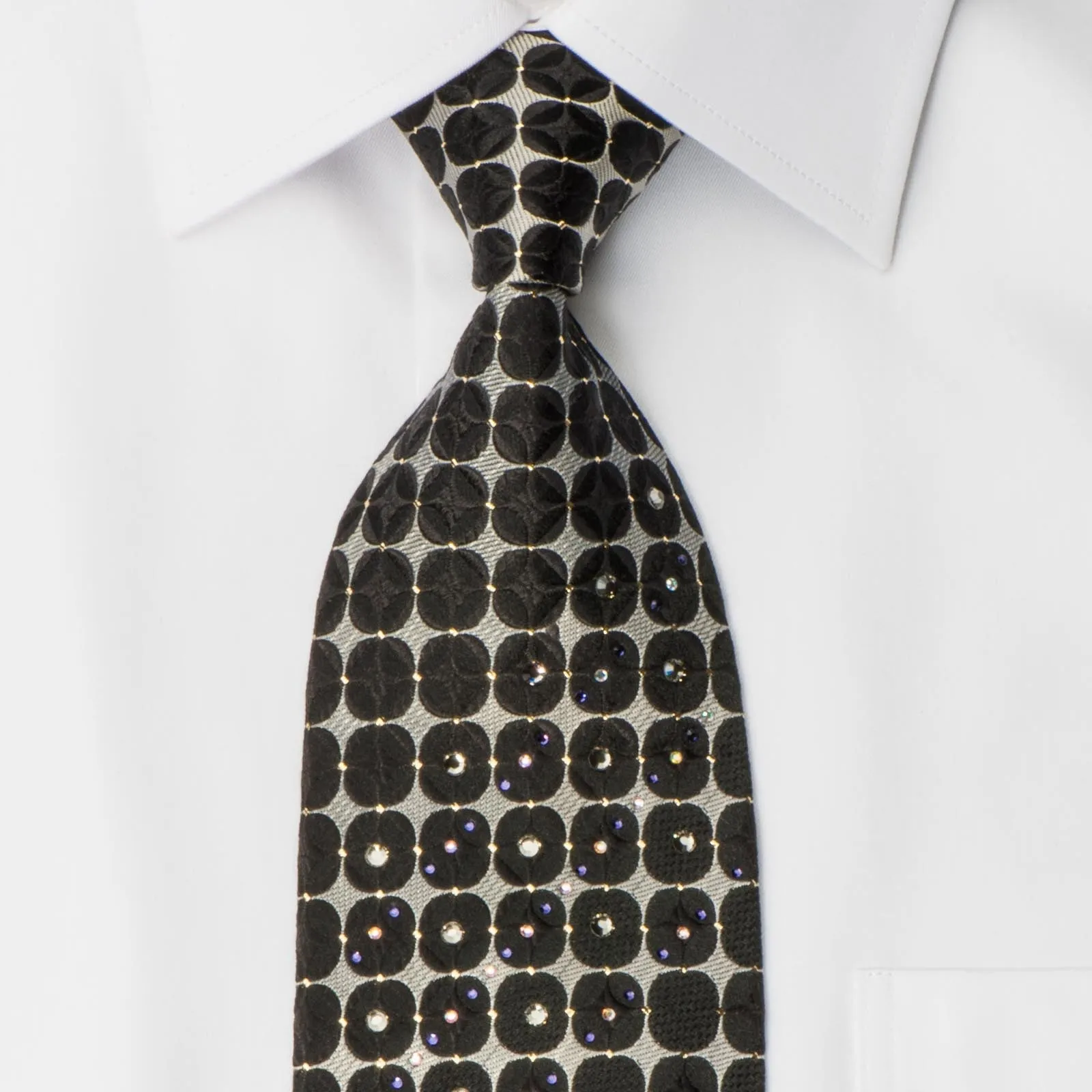 Aquascutum Men's Crystal Rhinestone Tie Silver & Black Geometric With Silver Sparkles