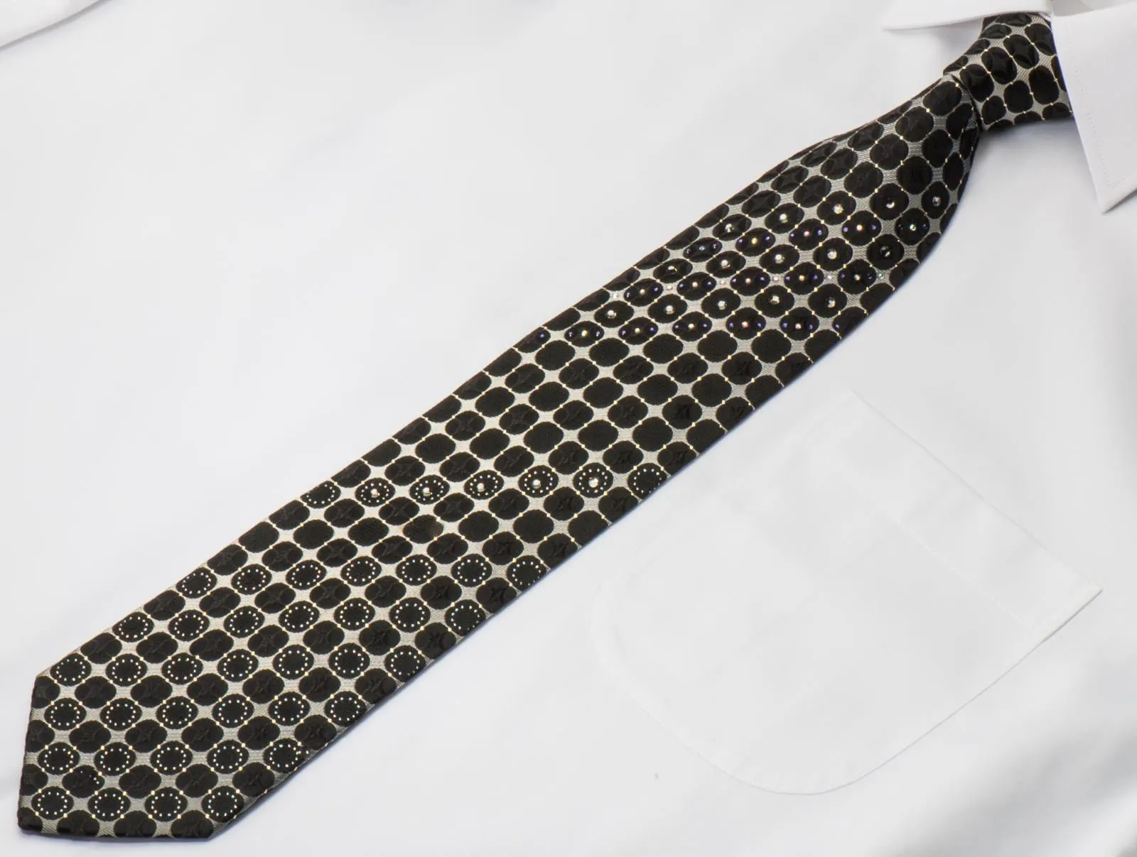 Aquascutum Men's Crystal Rhinestone Tie Silver & Black Geometric With Silver Sparkles