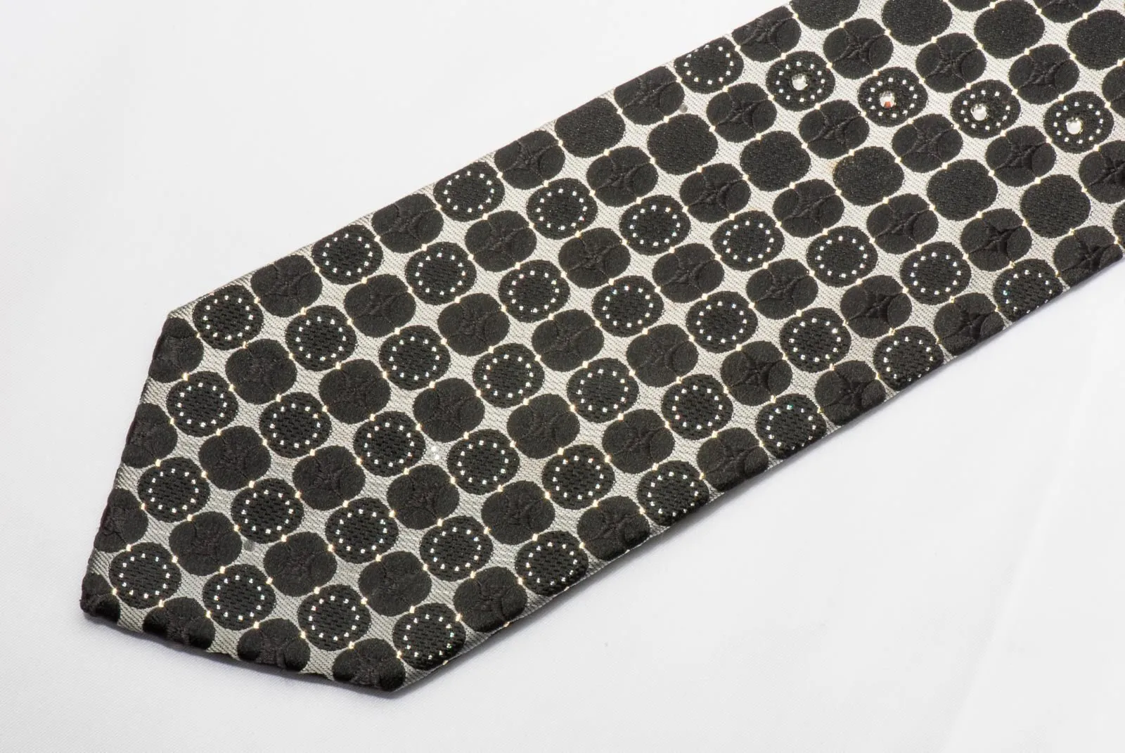 Aquascutum Men's Crystal Rhinestone Tie Silver & Black Geometric With Silver Sparkles