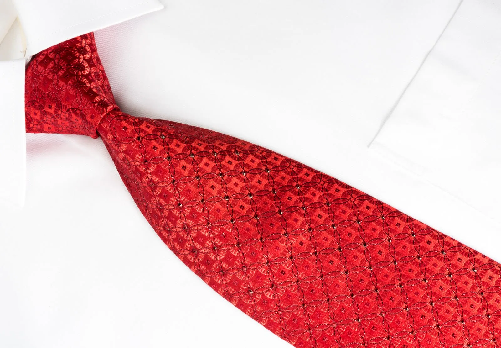 Arnaldo Bassini Silk Rhinestone Necktie Interlocking Circles On Red With Red Sparkles