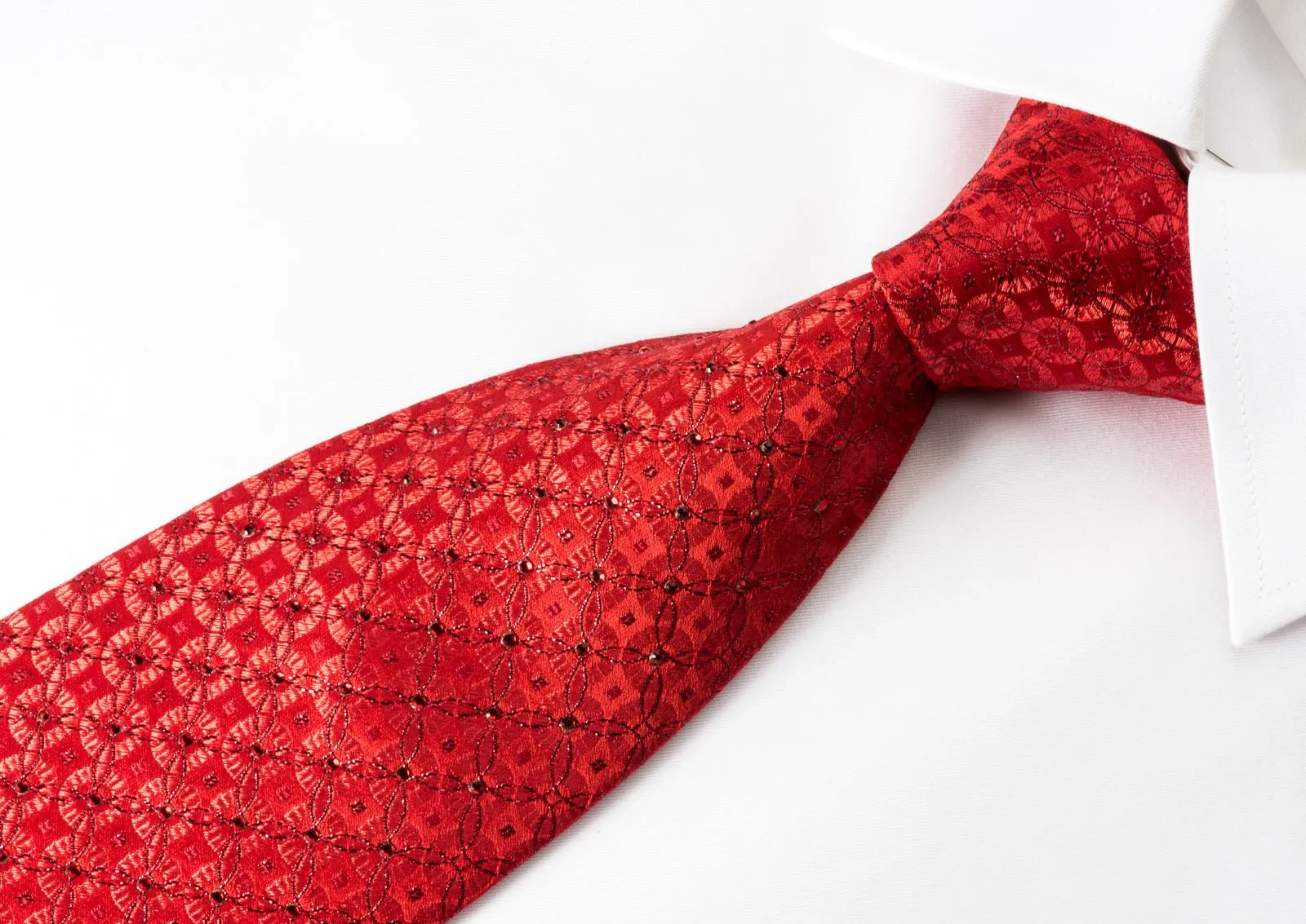 Arnaldo Bassini Silk Rhinestone Necktie Interlocking Circles On Red With Red Sparkles