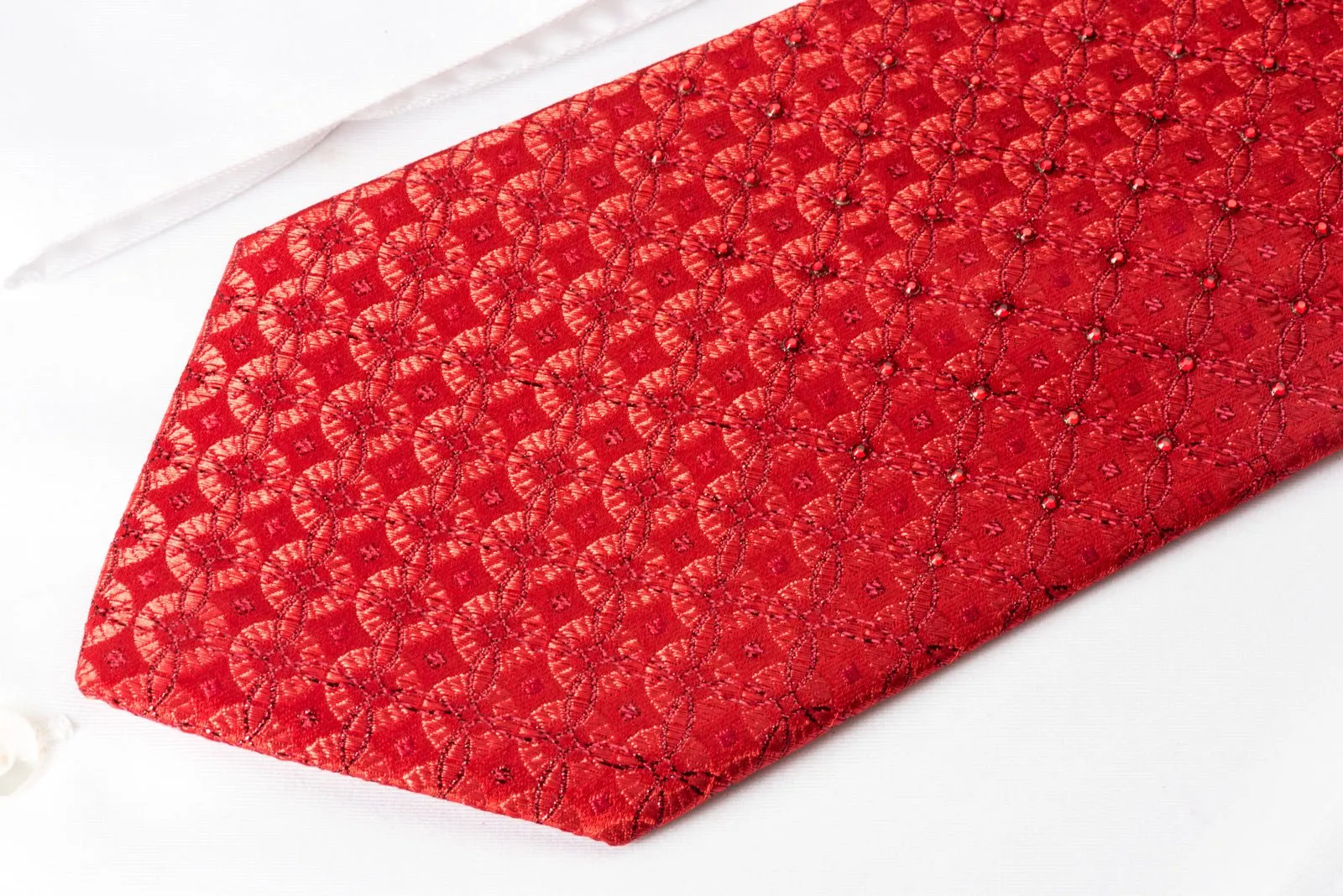 Arnaldo Bassini Silk Rhinestone Necktie Interlocking Circles On Red With Red Sparkles