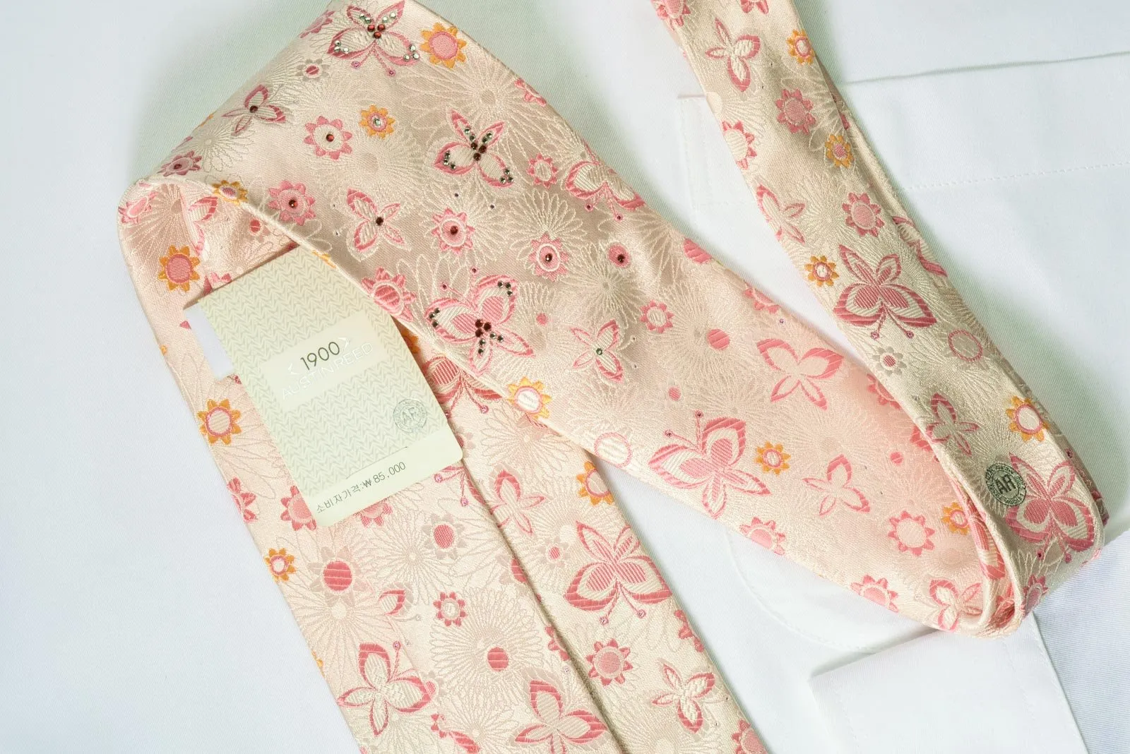 Austin Reed Silk Necktie Butterflies & Floral On Pink With Rhinestones