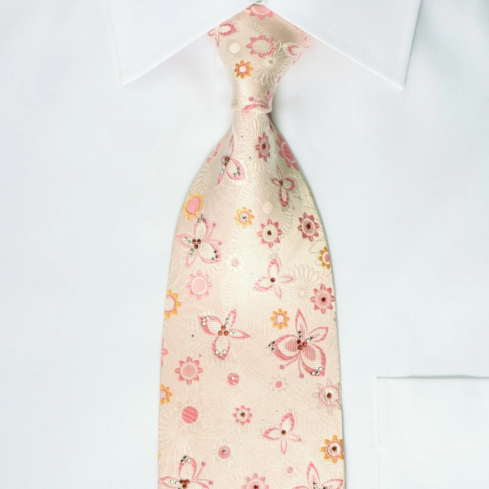 Austin Reed Silk Necktie Butterflies & Floral On Pink With Rhinestones