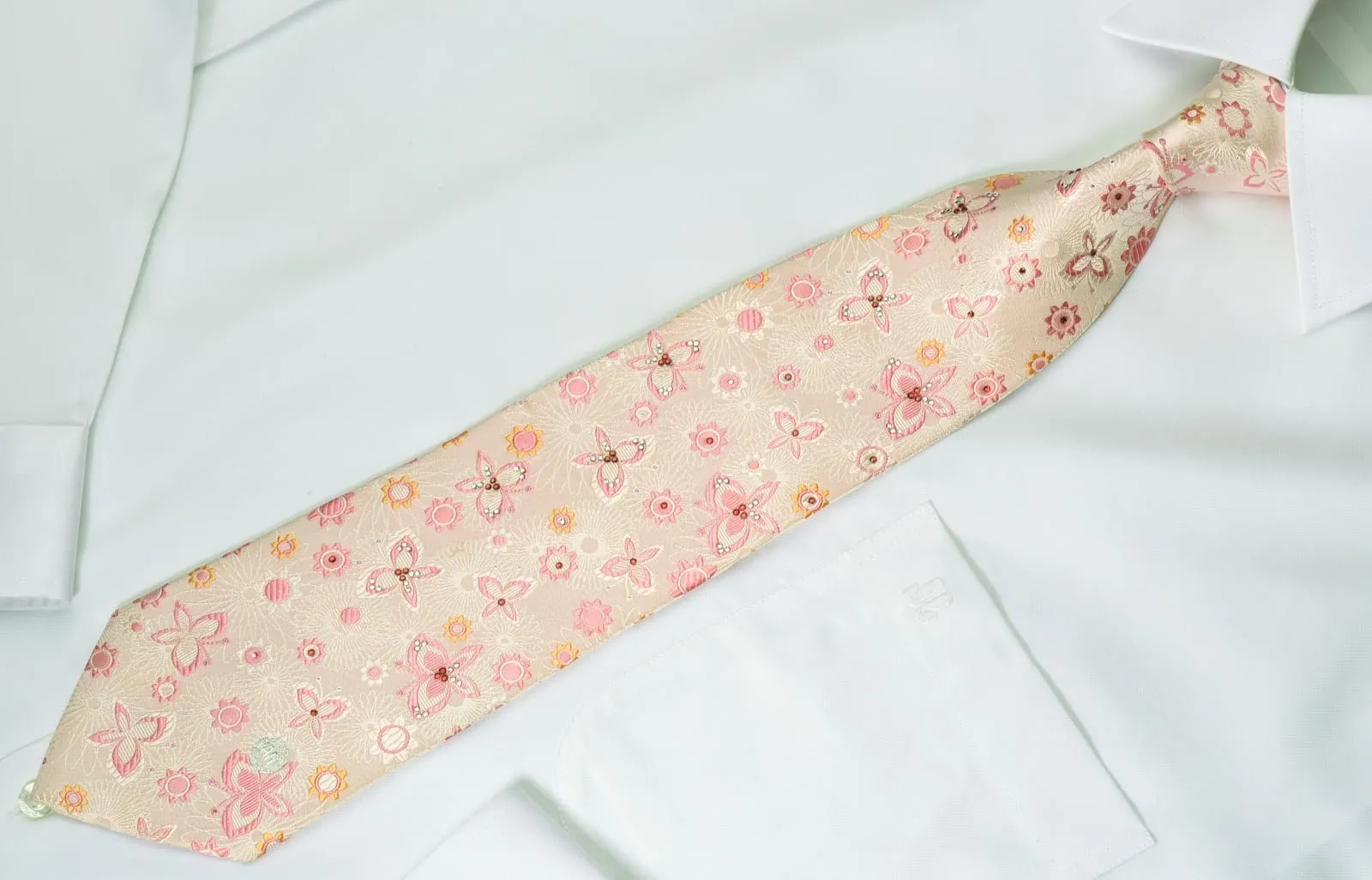 Austin Reed Silk Necktie Butterflies & Floral On Pink With Rhinestones