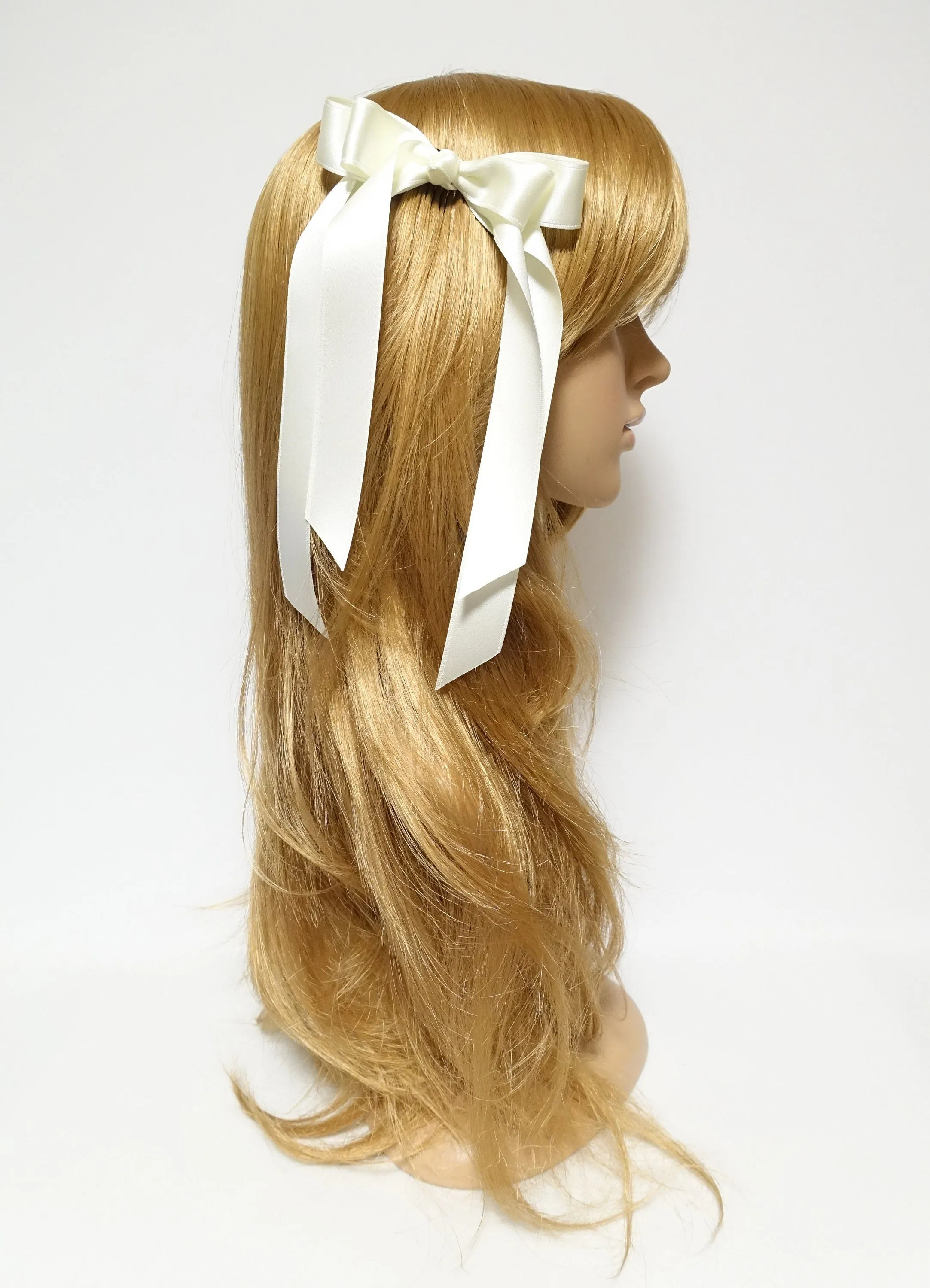 Black cream satin long tail bow hair elastic ponytail holder comb for women