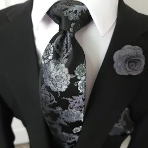 Black Gray Floral Silk Tie Pocket Square Cufflink Set