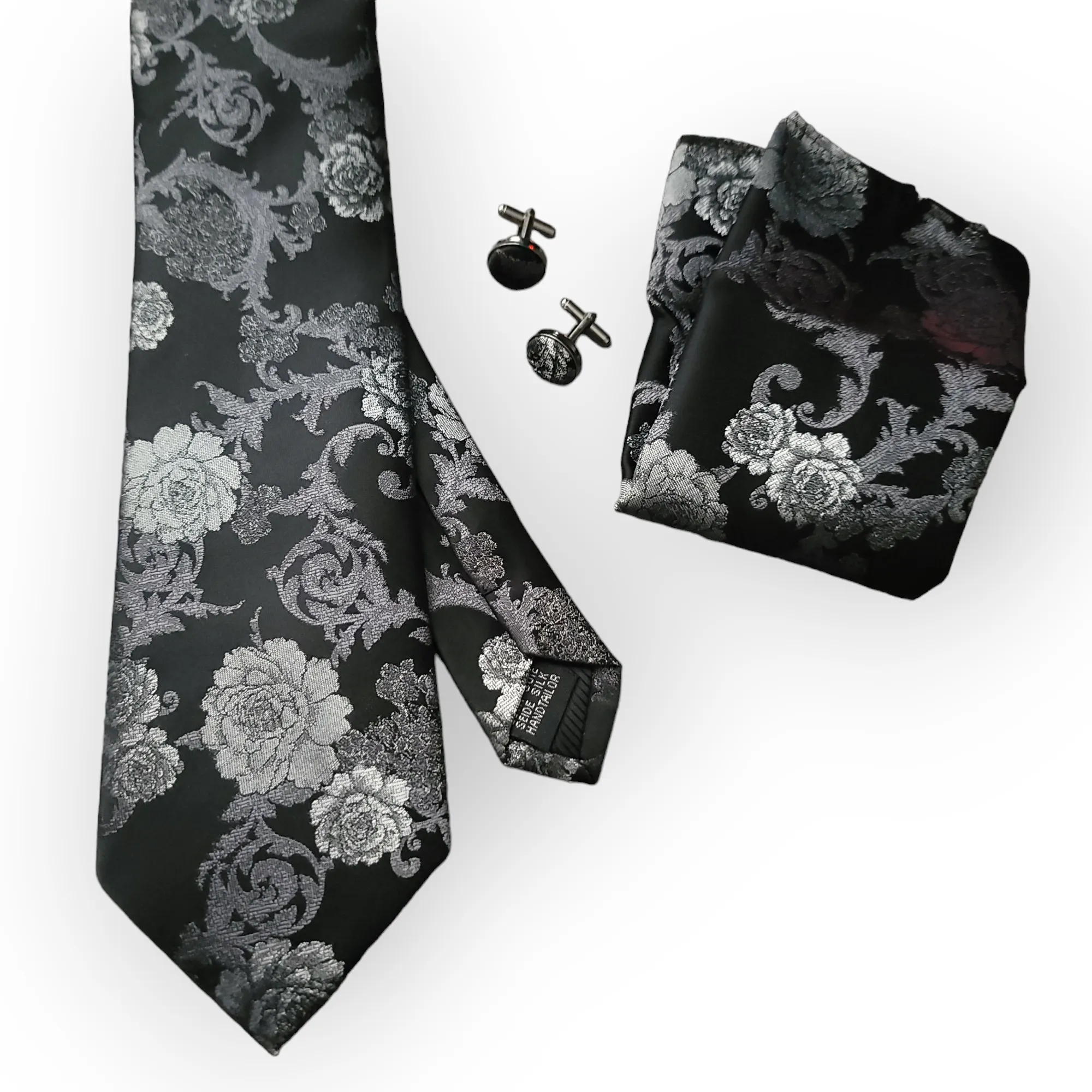 Black Gray Floral Silk Tie Pocket Square Cufflink Set