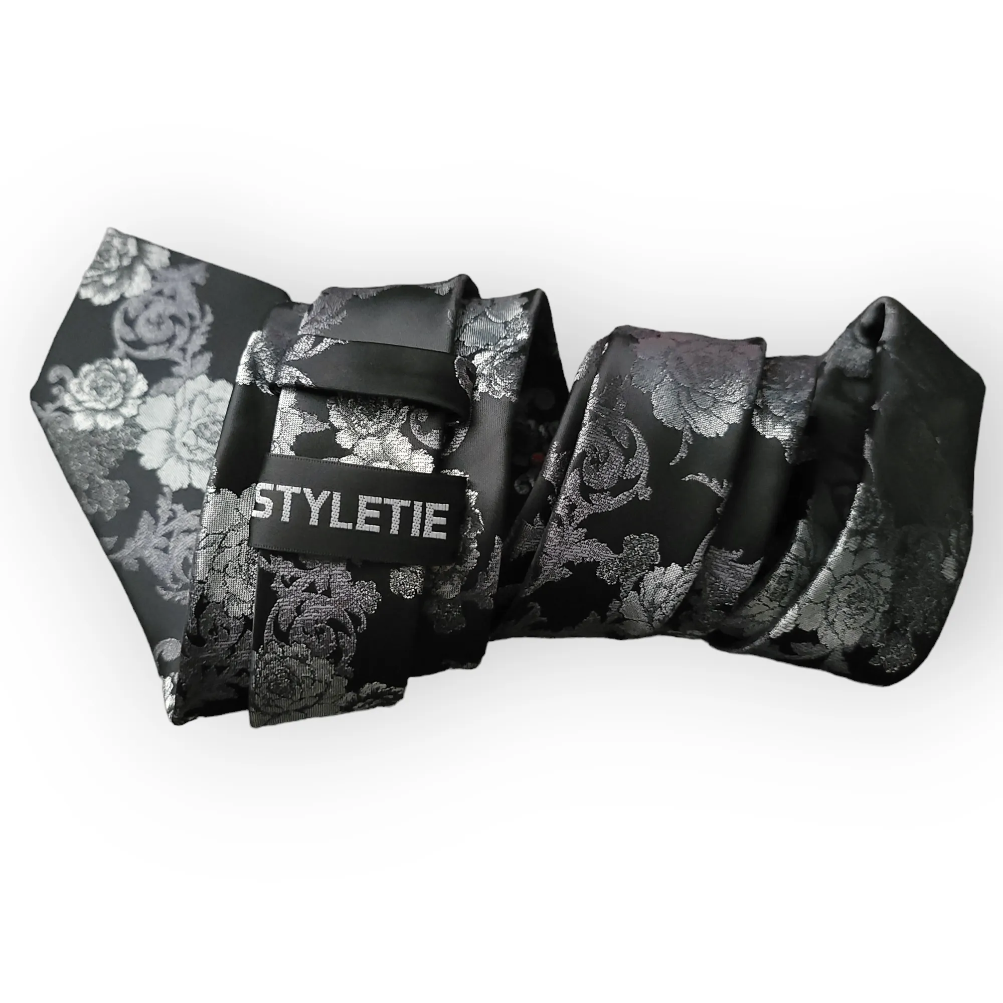 Black Gray Floral Silk Tie Pocket Square Cufflink Set