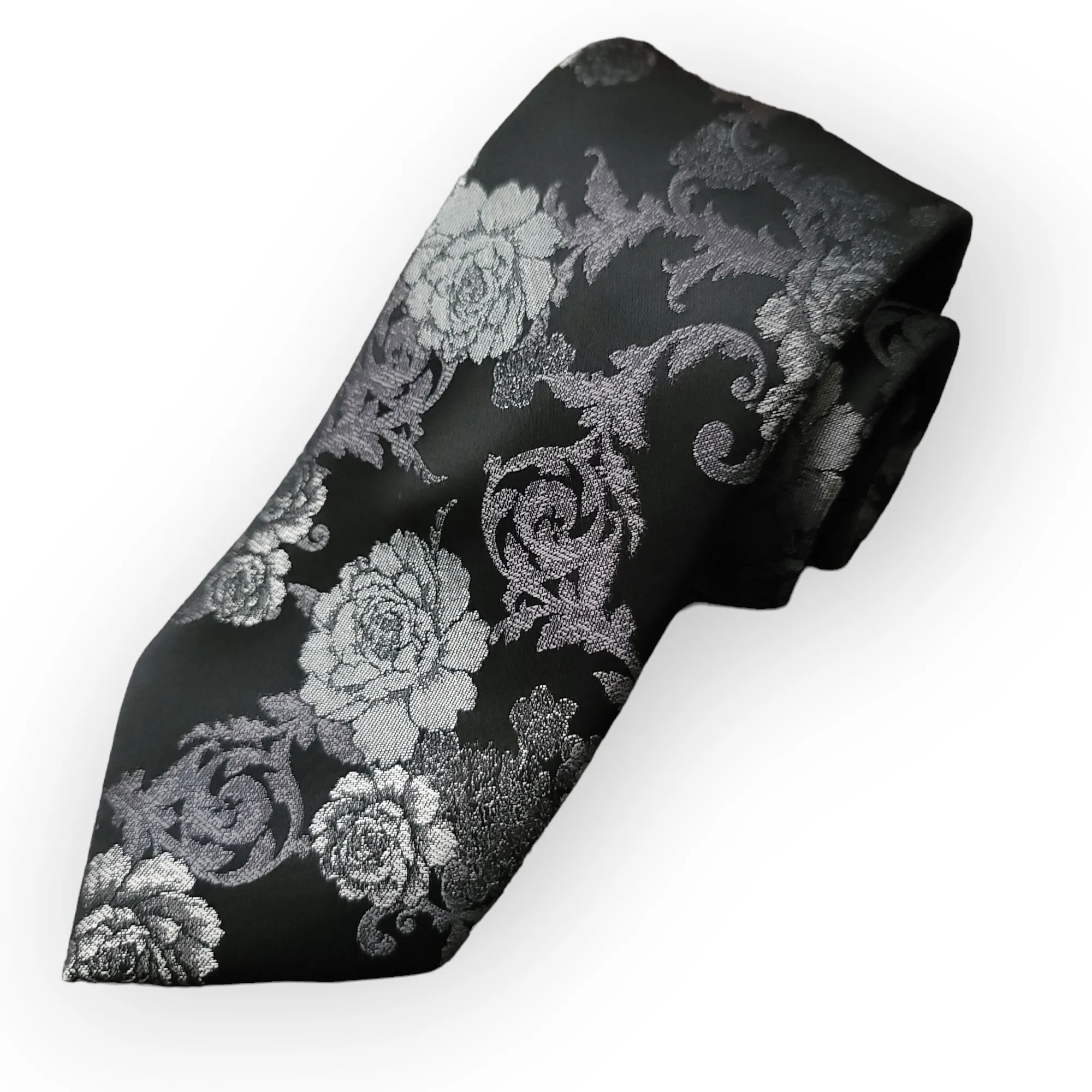 Black Gray Floral Silk Tie Pocket Square Cufflink Set