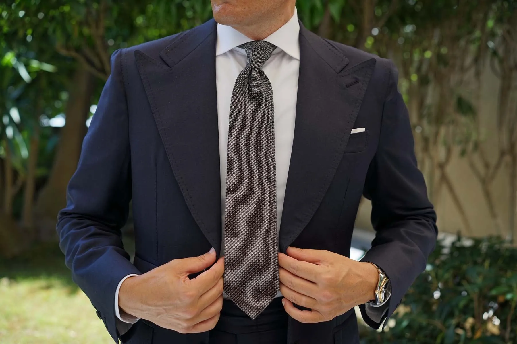 Black Needle Stitch Linen Necktie