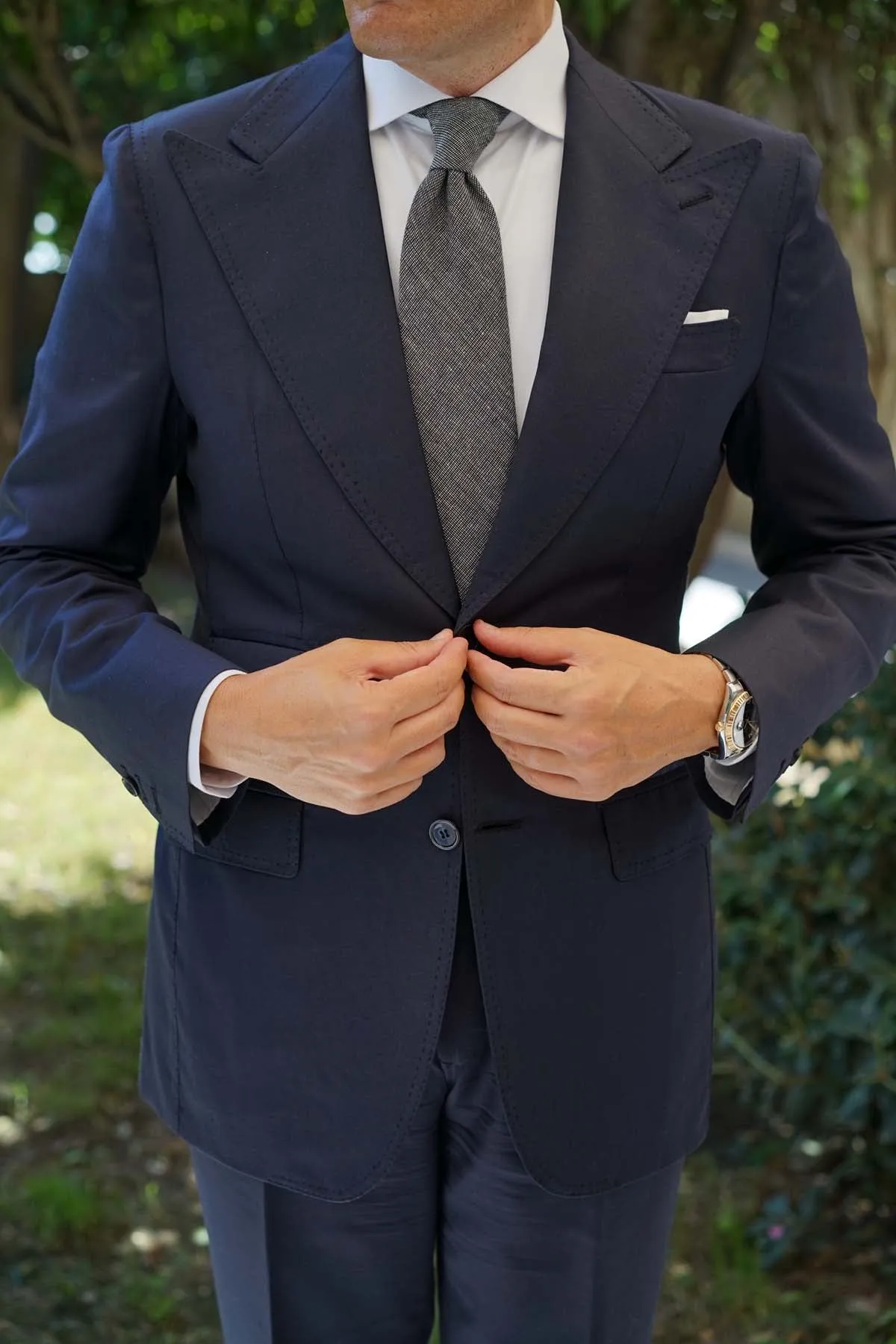 Black Needle Stitch Linen Necktie