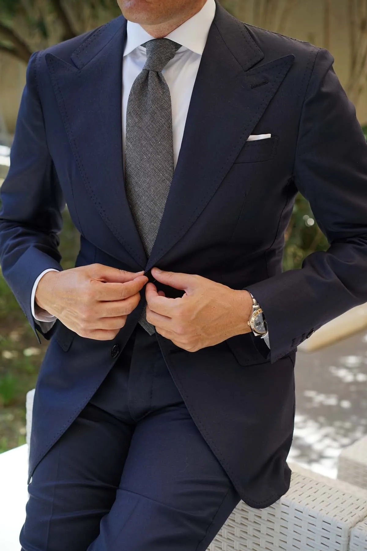 Black Needle Stitch Linen Necktie