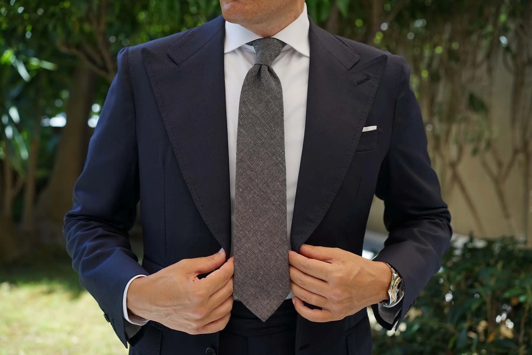 Black Needle Stitch Linen Necktie
