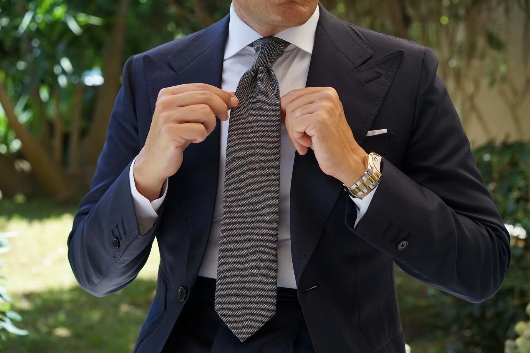 Black Needle Stitch Linen Necktie
