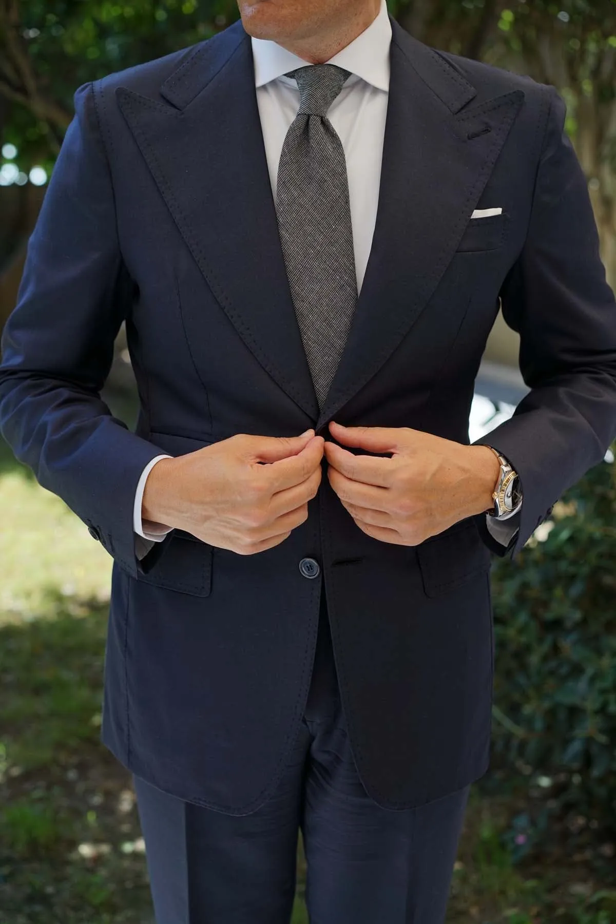 Black Needle Stitch Linen Necktie