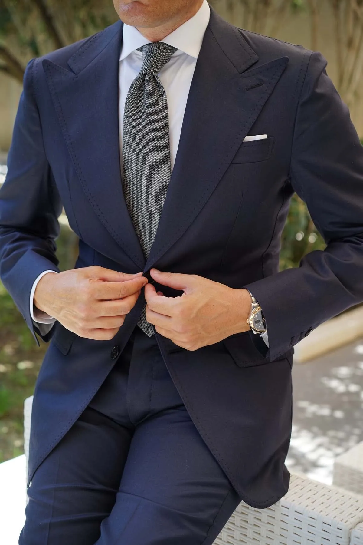 Black Needle Stitch Linen Necktie