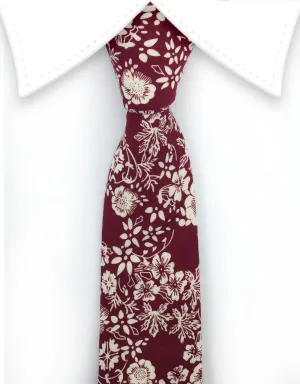 Burgundy Red Cotton Skinny Tie with Cream Flowers