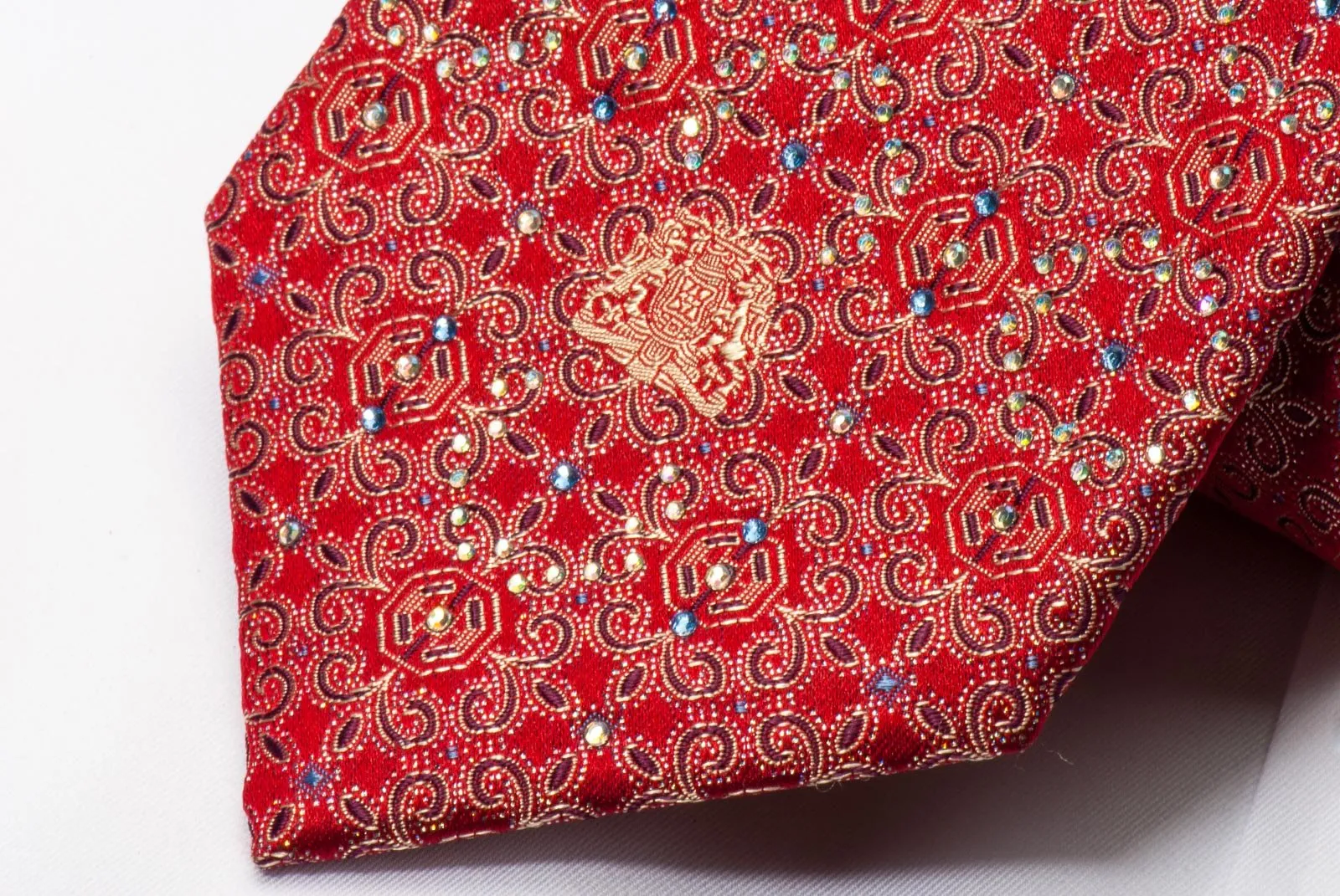 Cabrini Rhinestone Silk Tie Fleur De Lis Motif On Red With Silver Sparkles