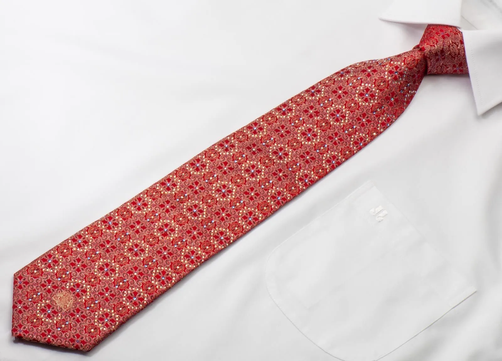 Cabrini Rhinestone Silk Tie Fleur De Lis Motif On Red With Silver Sparkles