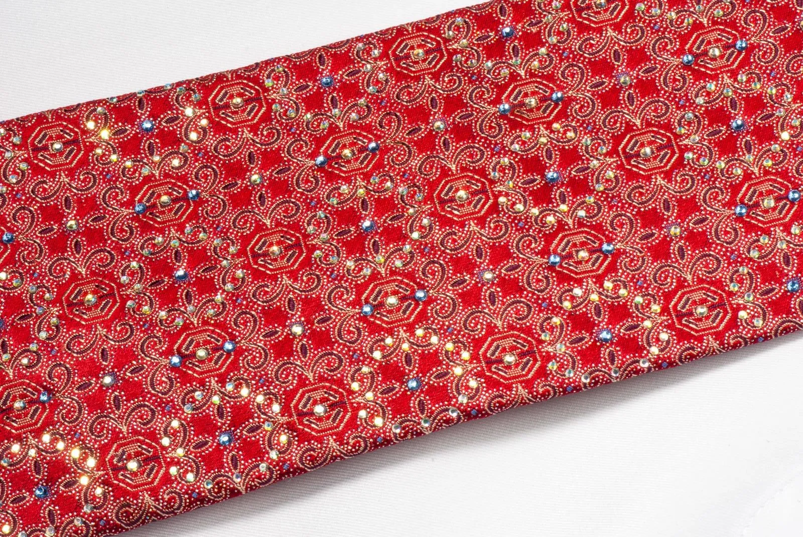 Cabrini Rhinestone Silk Tie Fleur De Lis Motif On Red With Silver Sparkles