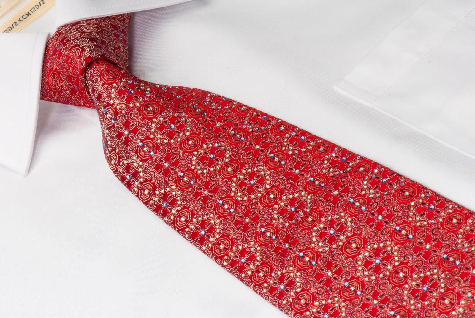 Cabrini Rhinestone Silk Tie Fleur De Lis Motif On Red With Silver Sparkles