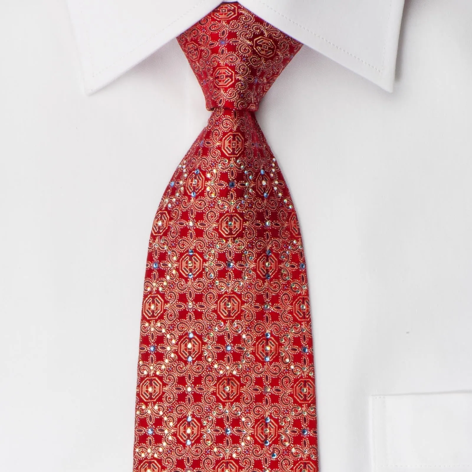 Cabrini Rhinestone Silk Tie Fleur De Lis Motif On Red With Silver Sparkles