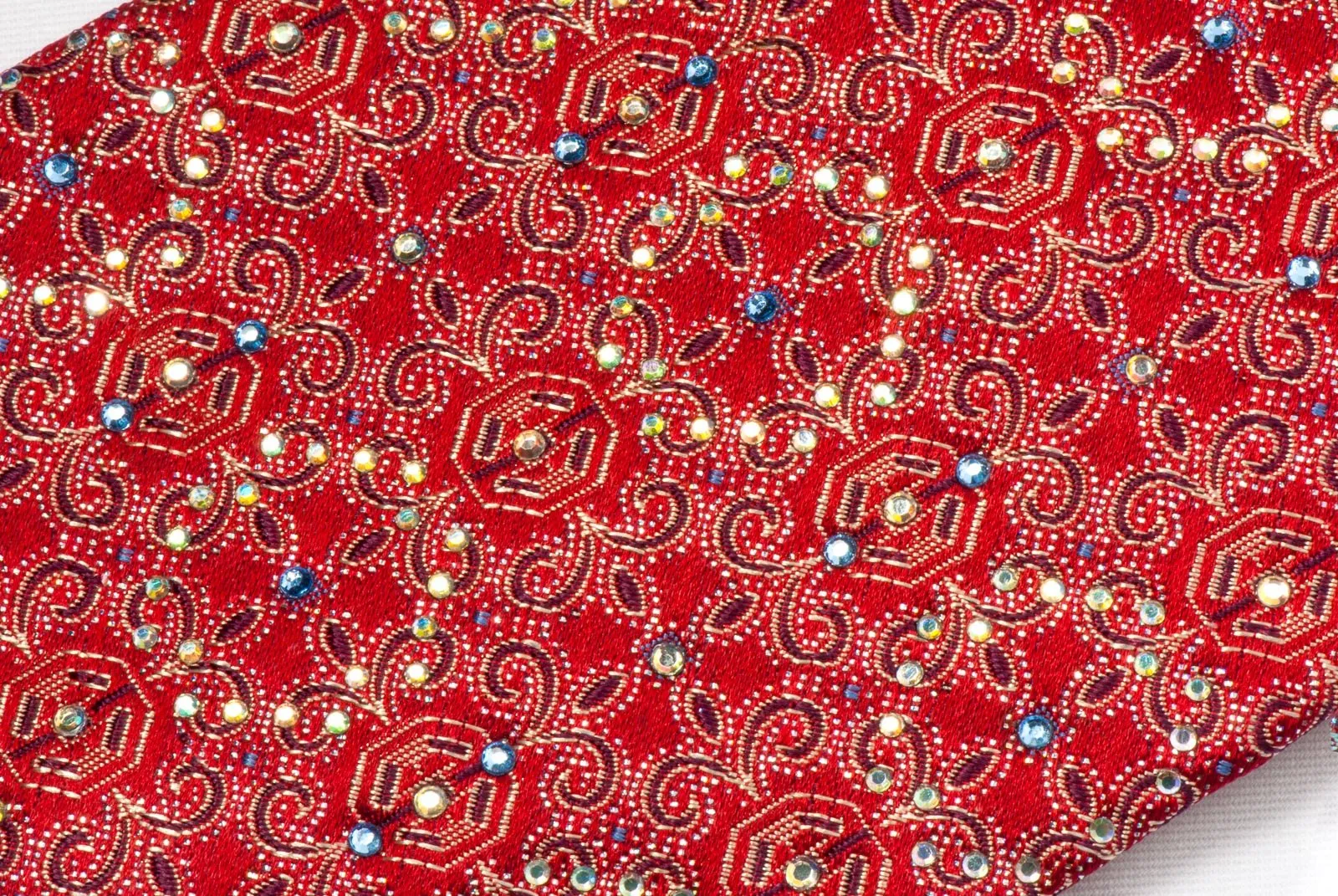 Cabrini Rhinestone Silk Tie Fleur De Lis Motif On Red With Silver Sparkles