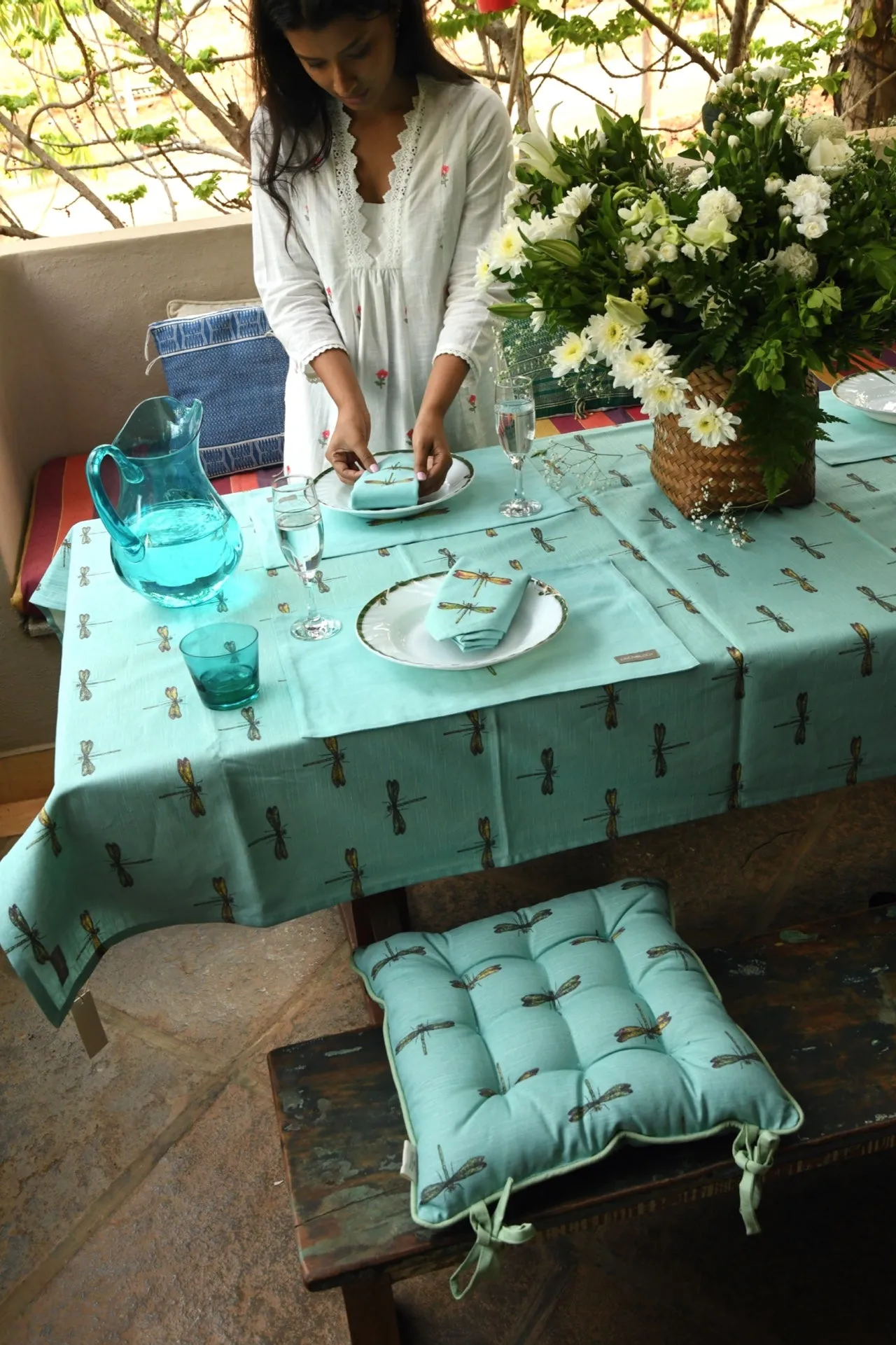 Chair Pad with Ties - Akitsu - Celeste