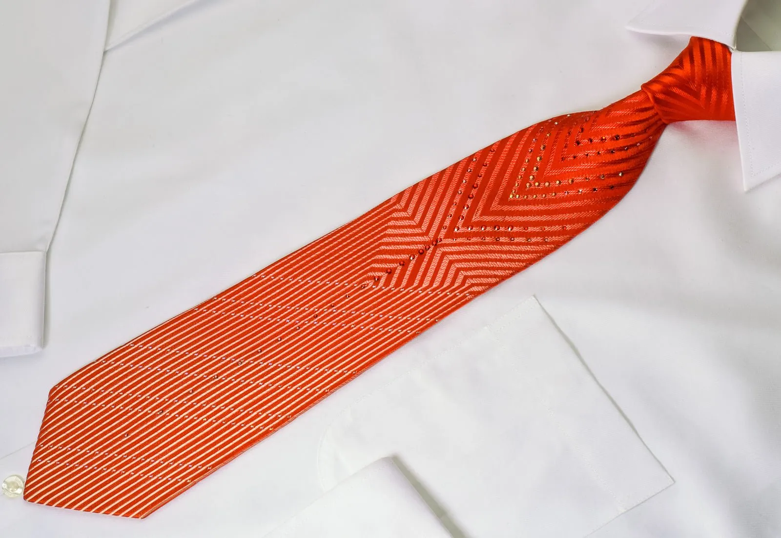Charles Jourdan Silk Rhinestone Necktie Red V-Striped With Silver Sparkles