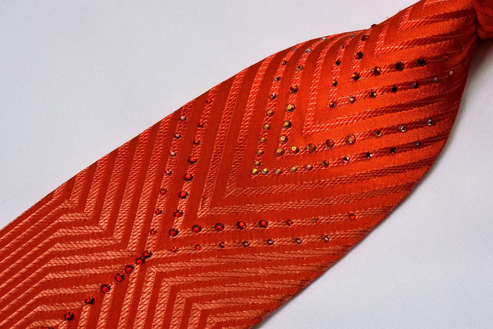 Charles Jourdan Silk Rhinestone Necktie Red V-Striped With Silver Sparkles