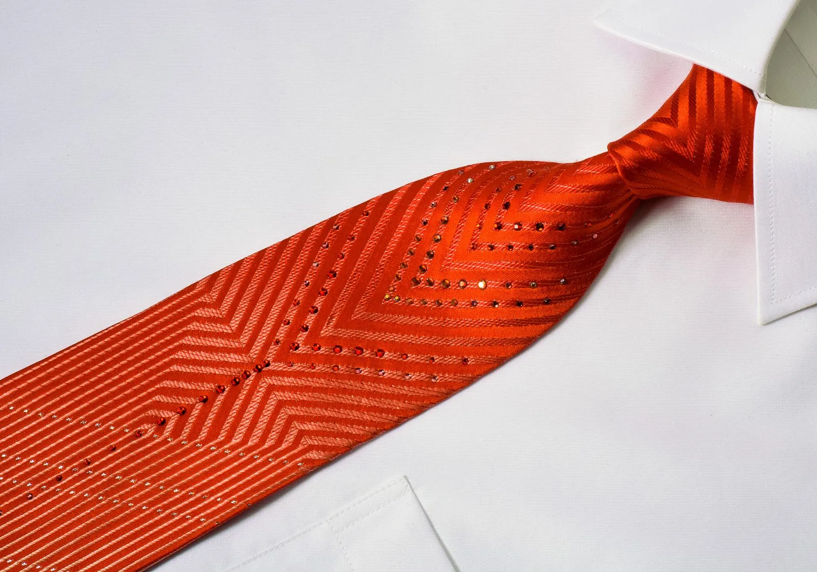 Charles Jourdan Silk Rhinestone Necktie Red V-Striped With Silver Sparkles