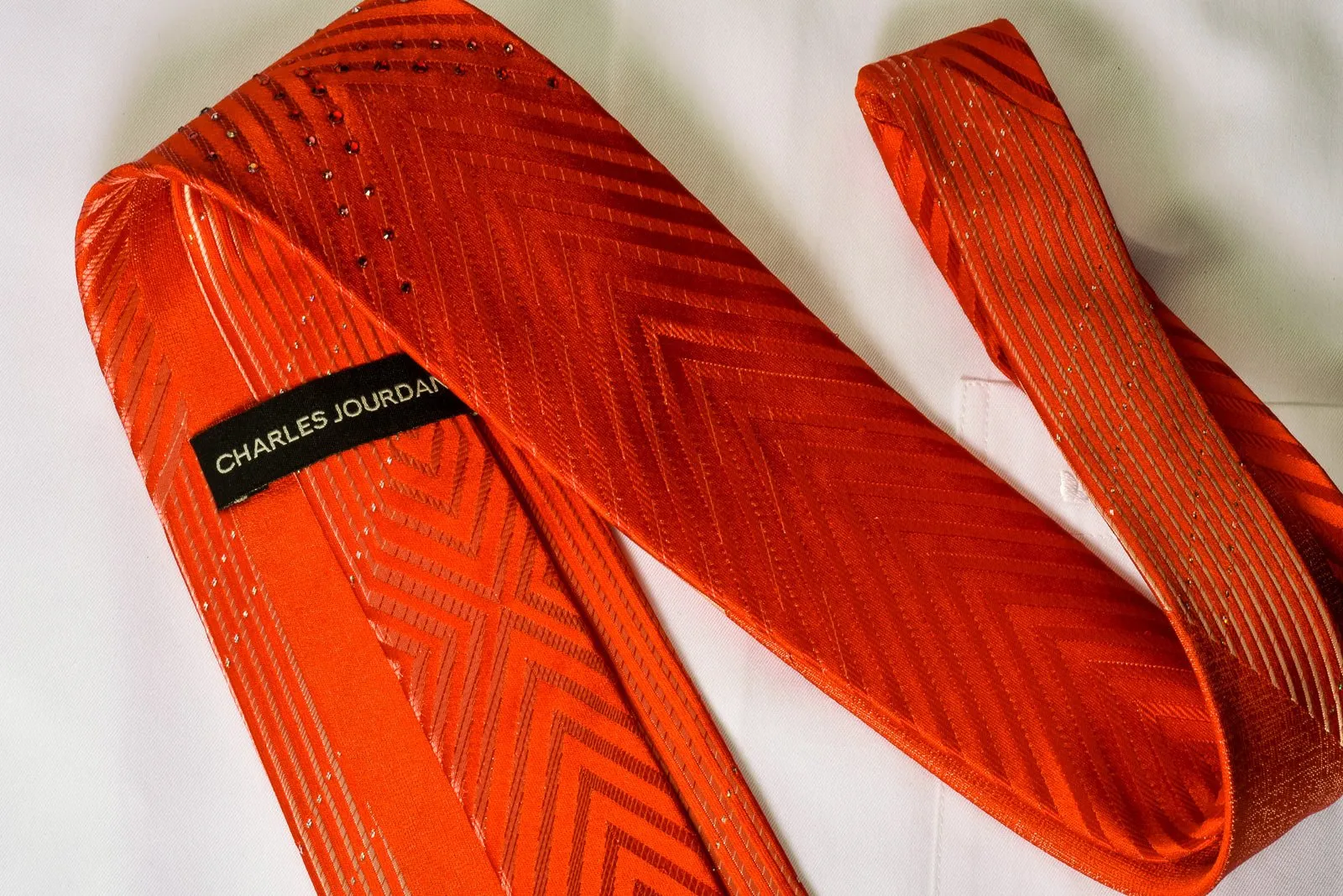 Charles Jourdan Silk Rhinestone Necktie Red V-Striped With Silver Sparkles