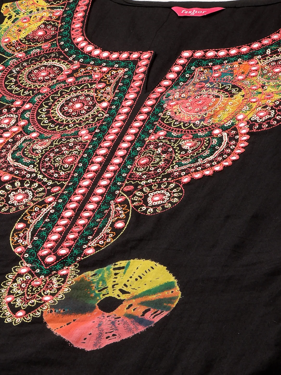 Colourful Tie-Dyed & Embroidered Kurta - Black
