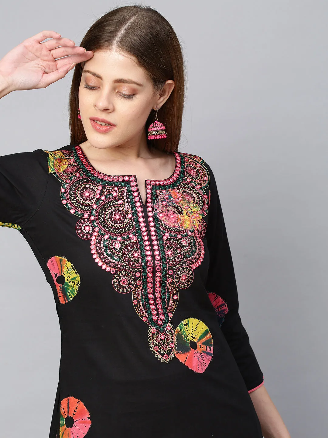 Colourful Tie-Dyed & Embroidered Kurta - Black
