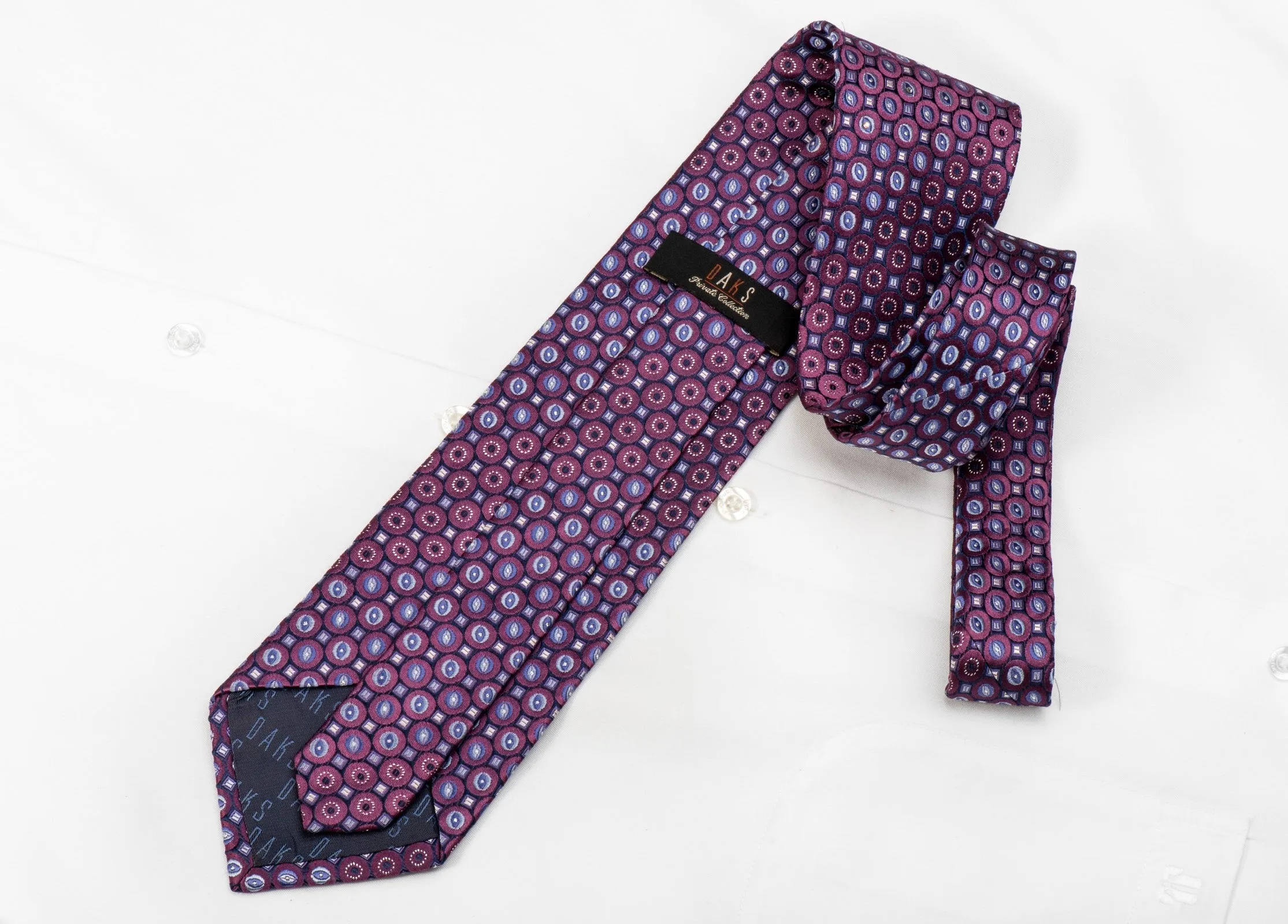 Daks Men's Crystal Silk Tie Geometric Circles On Purple With Silver Sparkles