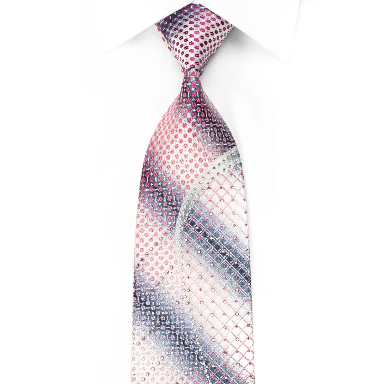 Daks Mens Crystal Silk Tie Purple Geometric & Waves On Silver With Sparkles