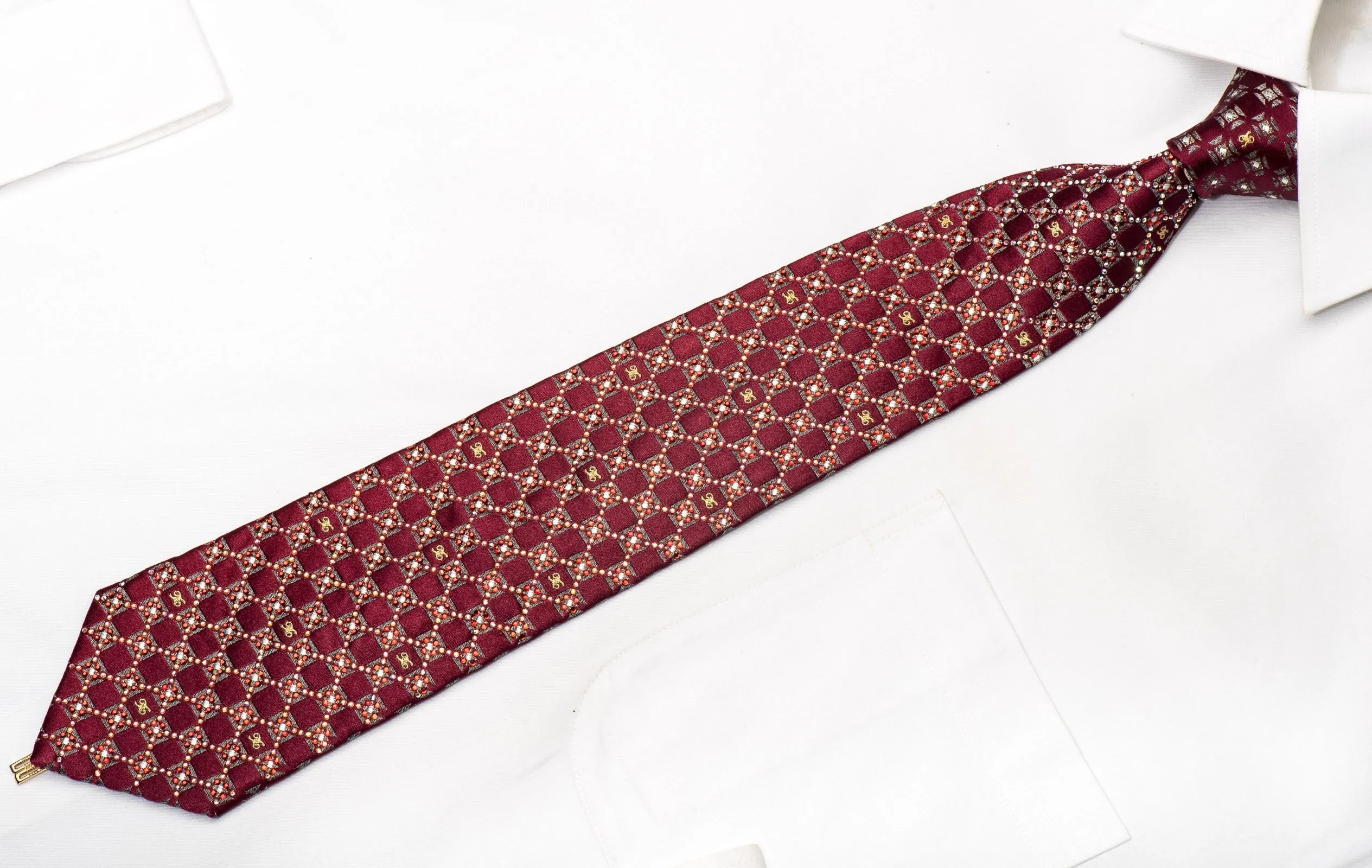 Daks Men's Silk Necktie Silver Burgundy Checkered Sparkling With Rhinestones