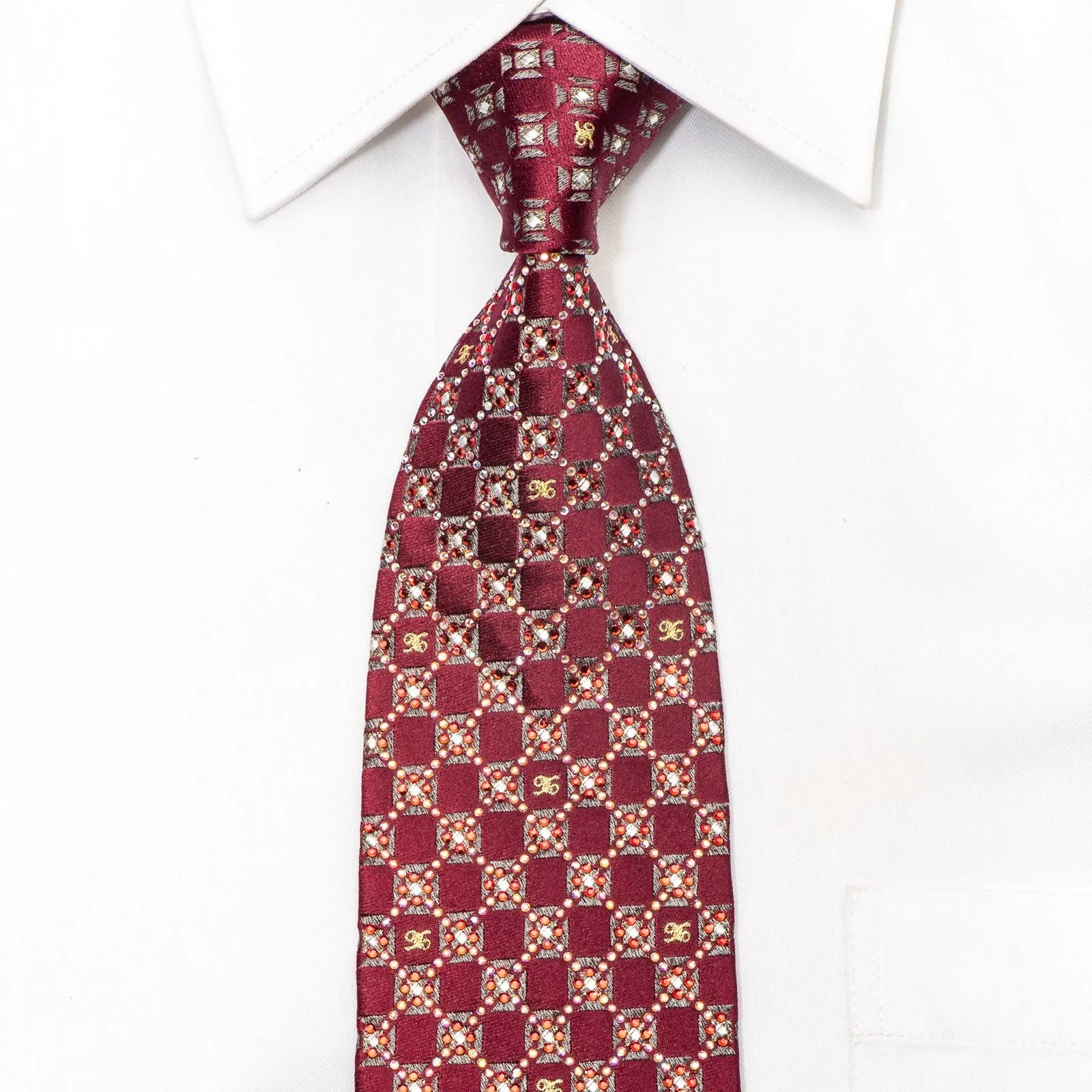 Daks Men's Silk Necktie Silver Burgundy Checkered Sparkling With Rhinestones