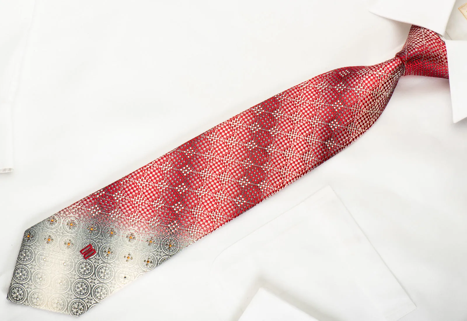 Daks Rhinestone Necktie Red Checker On Silver Medallions With Silver Sparkles
