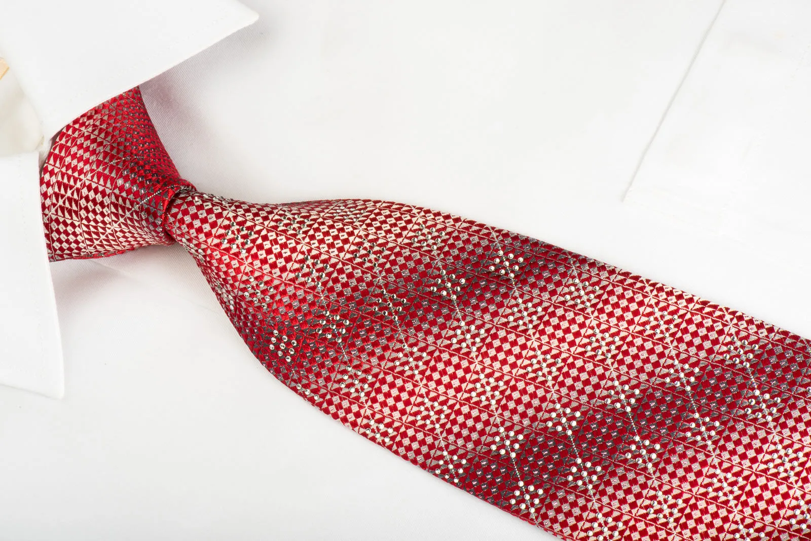 Daks Rhinestone Necktie Red Checker On Silver Medallions With Silver Sparkles