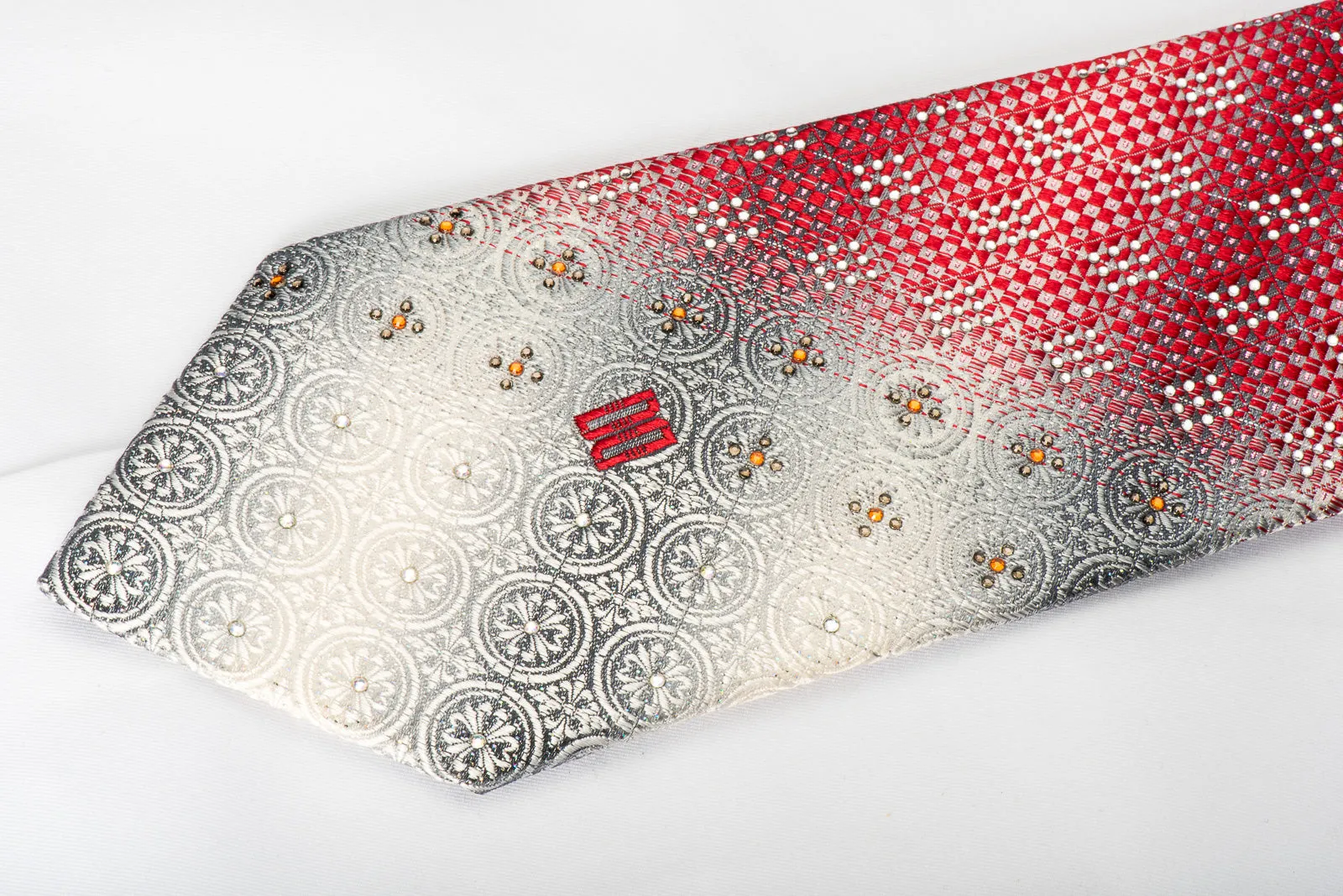 Daks Rhinestone Necktie Red Checker On Silver Medallions With Silver Sparkles