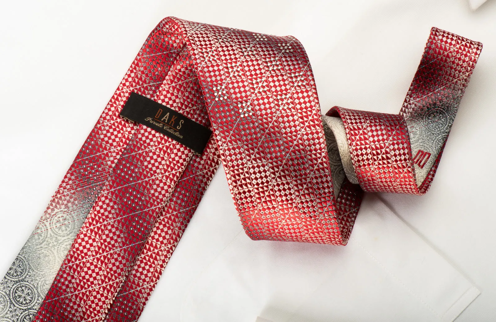 Daks Rhinestone Necktie Red Checker On Silver Medallions With Silver Sparkles