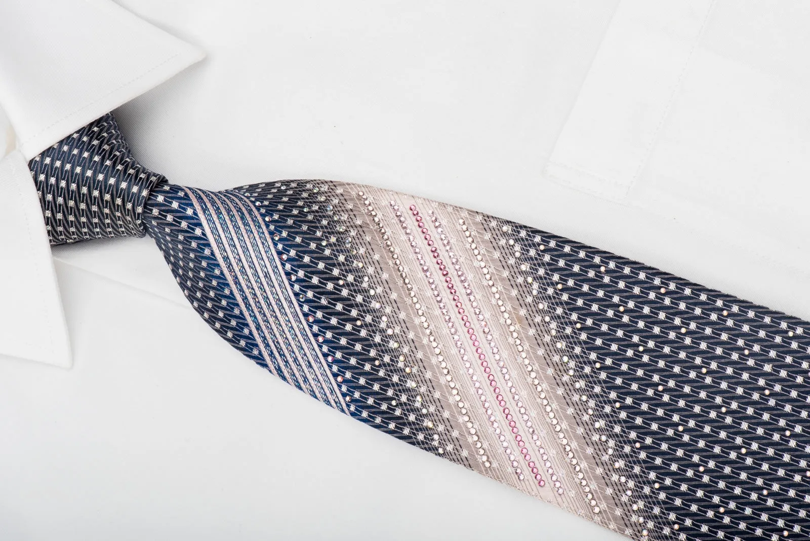 Daks Rhinestone Tie Pink Stripes & Silver Micro Squares On Blue With Sparkles